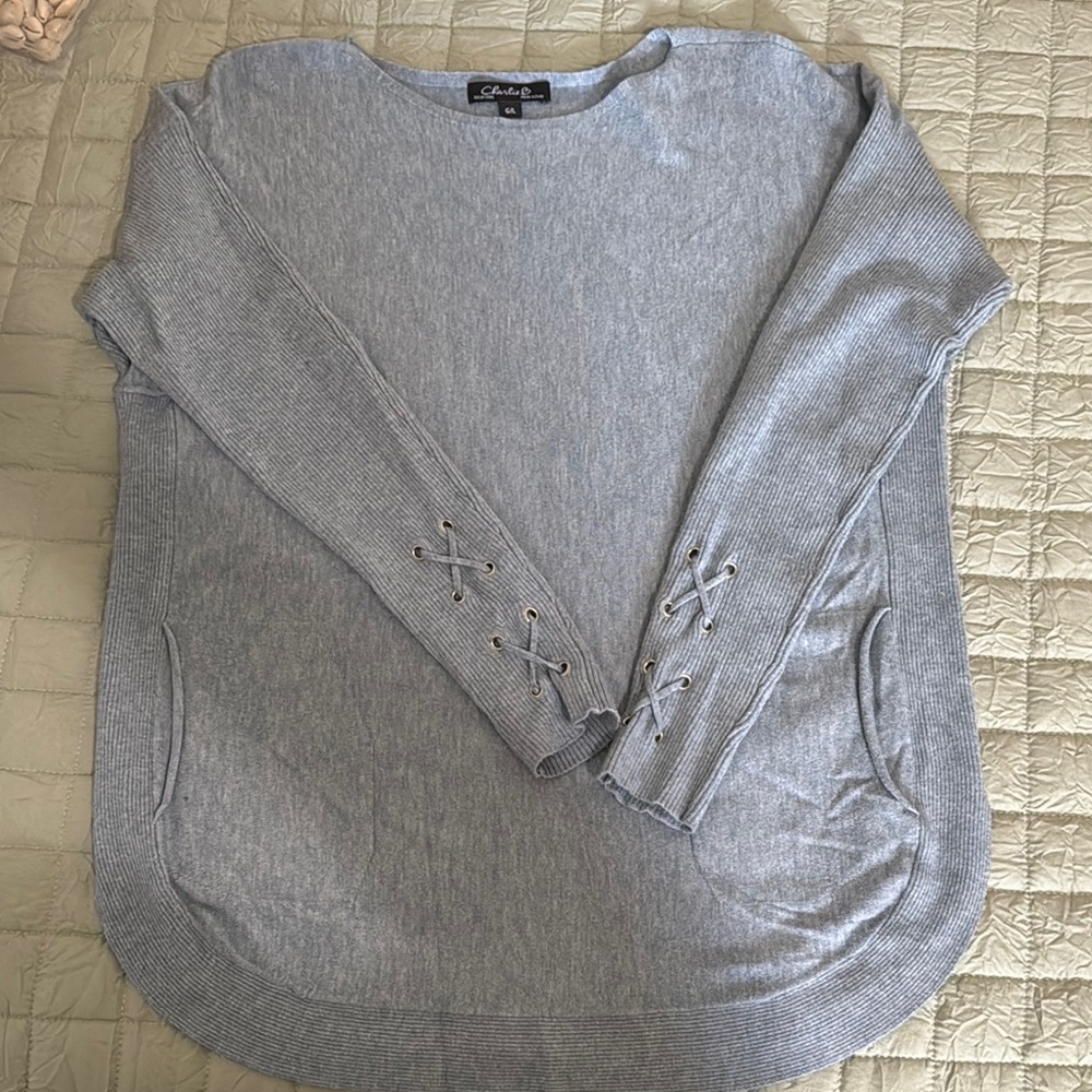 Charlie B. Heather Gray/Blueish Sweater with Lace-Up Cuffs